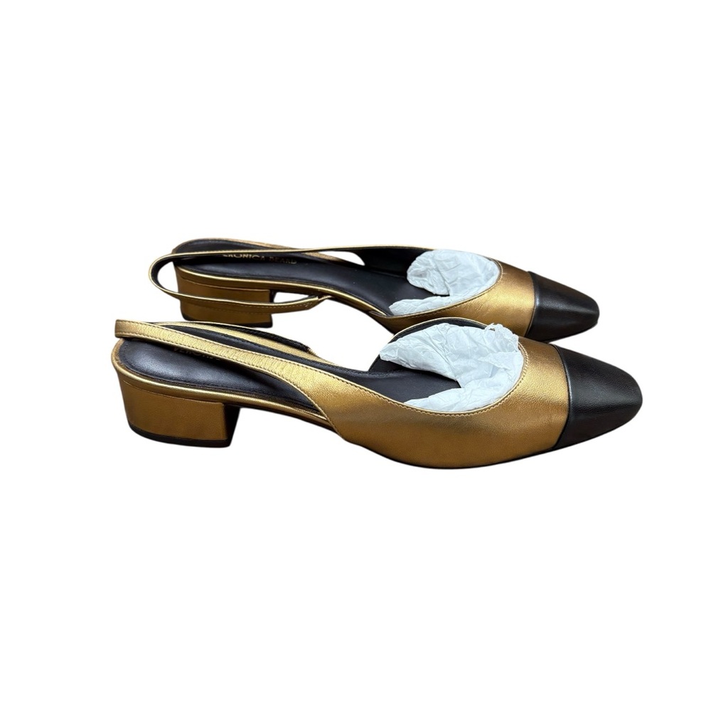 Veronica Beard Cecile Slingback Heels Women’s Sz 7.5 Black Gold‎ Leather Cap-Toe
